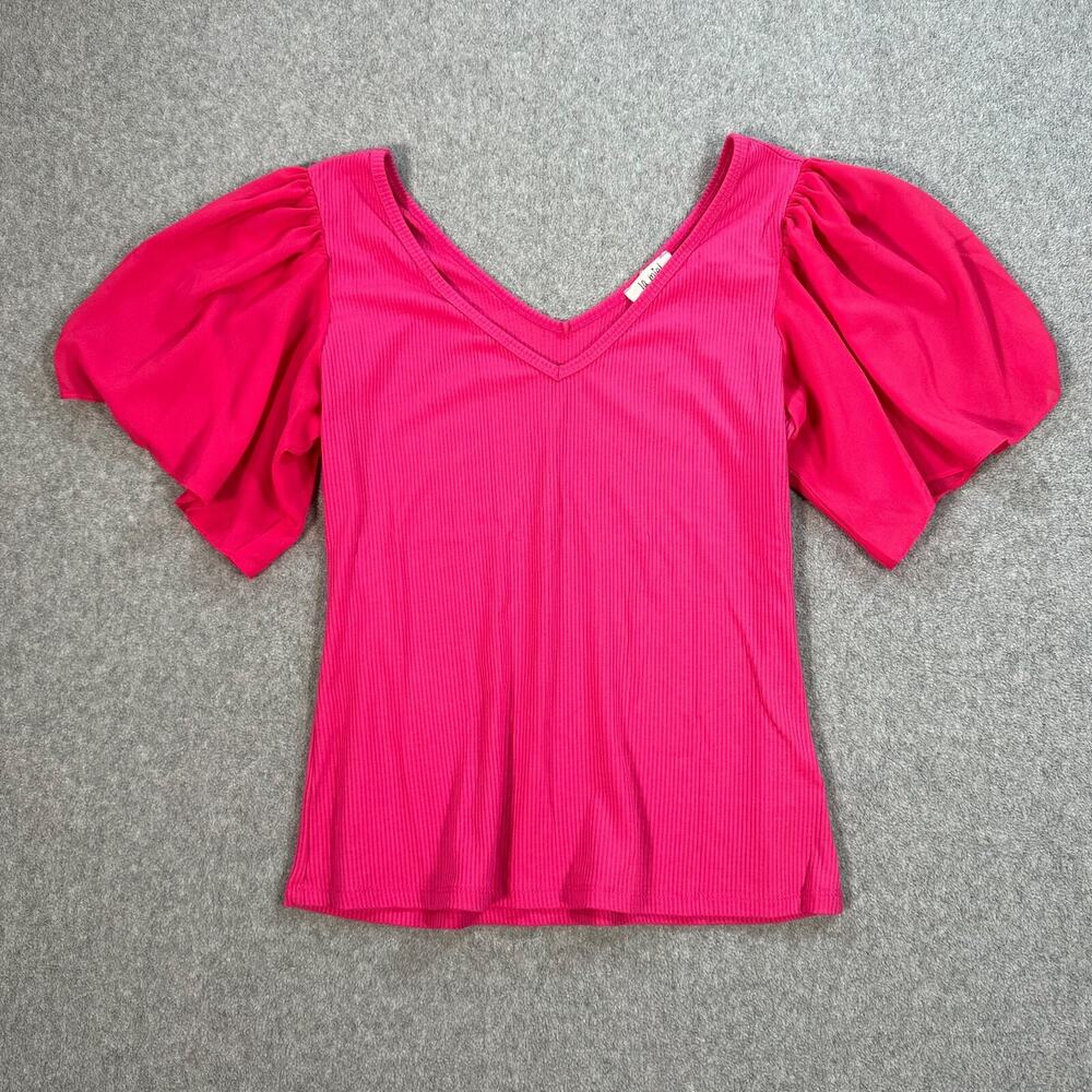 La Miel Ribbed V-Neck Pink Top Women's Medium Sheer Sleeve